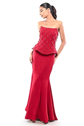 Red Double Georgette Embellished Corset by Modo Caldo