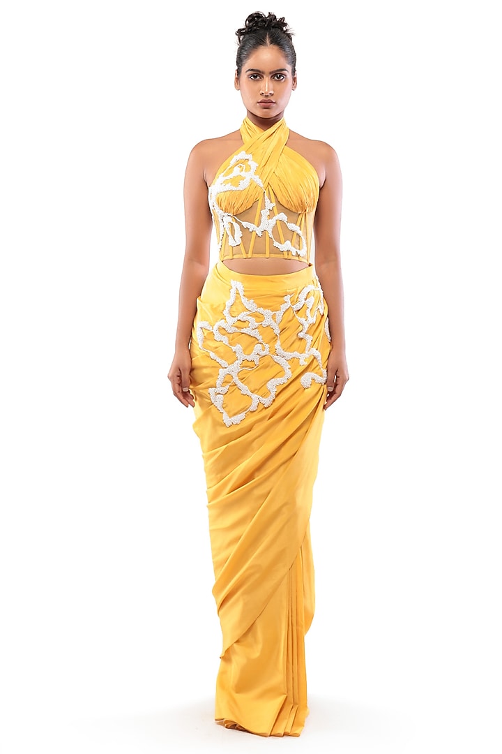 Yellow Natural Crepe Draped Skirt Set by Modo Caldo at Pernia's Pop Up Shop