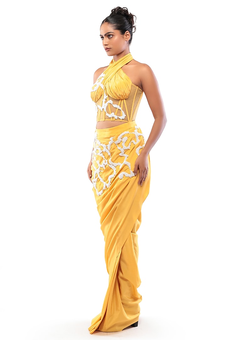 Yellow Natural Crepe Draped Skirt Set by Modo Caldo at Pernia's Pop Up Shop