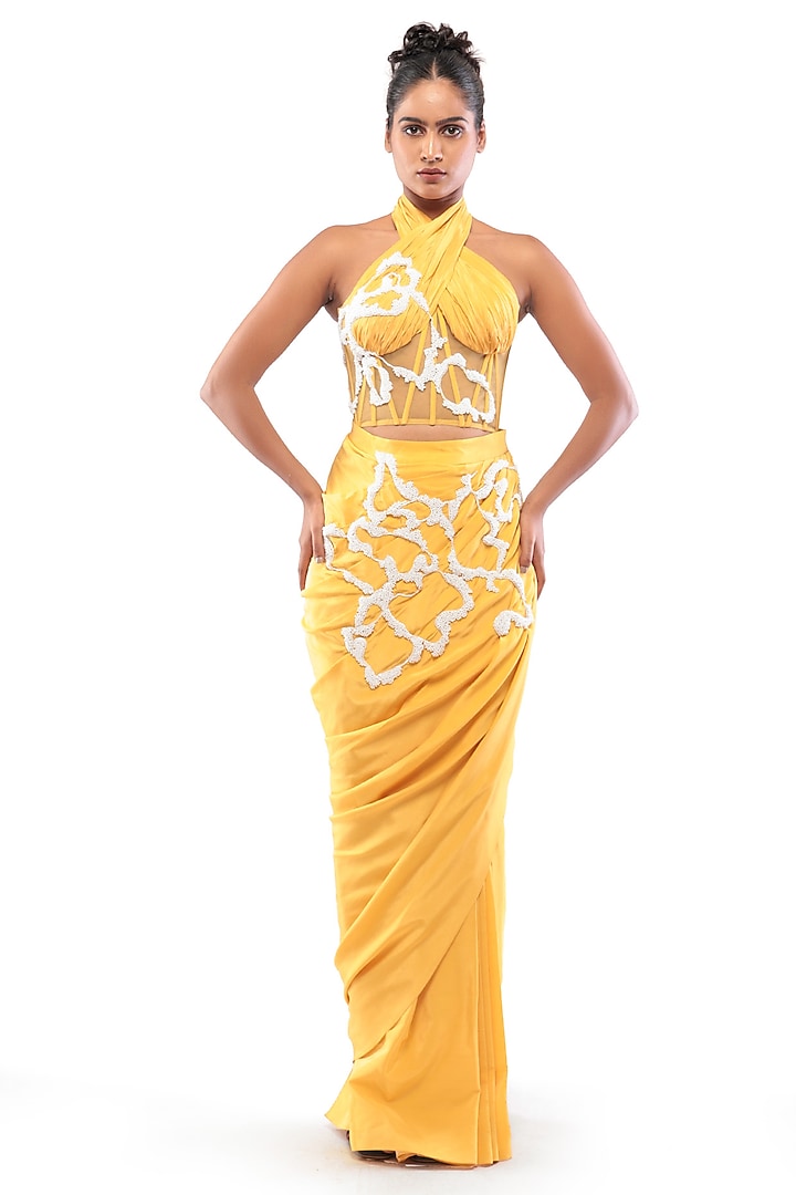 Yellow Natural Crepe Draped Skirt Set by Modo Caldo at Pernia's Pop Up Shop