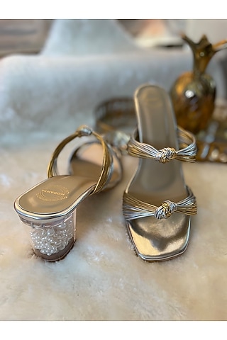 Gold Artificial Leather Handmade Heels by Modanta