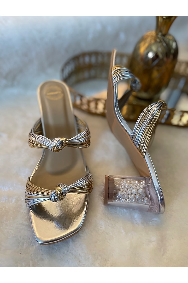 Gold Artificial Leather Handmade Heels by Modanta at Pernia's Pop Up Shop