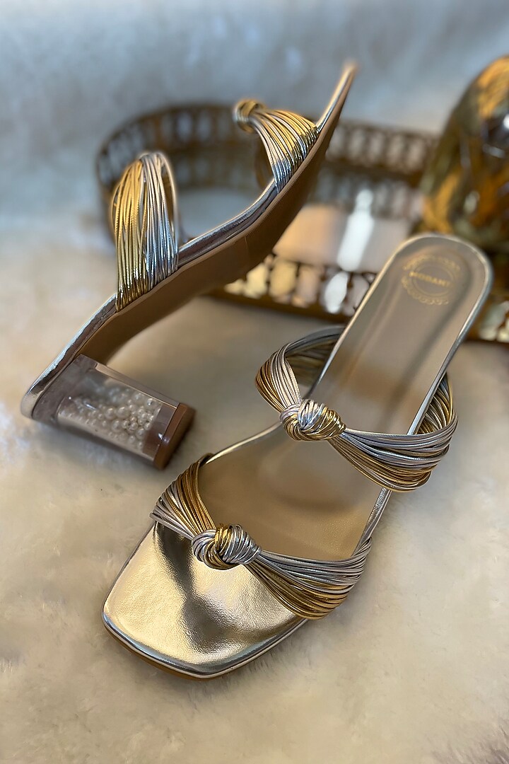 Gold Artificial Leather Handmade Heels by Modanta at Pernia's Pop Up Shop