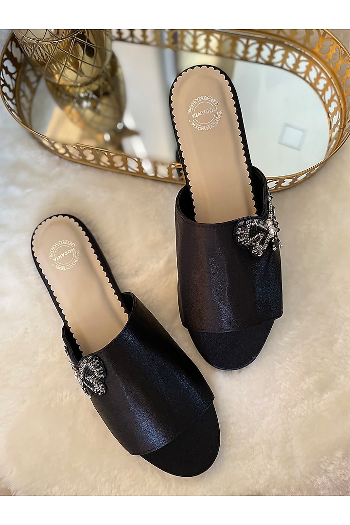 Black Satin Butterfly Patch Embroidered Handmade Flats by Modanta