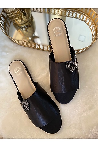 Black Satin Butterfly Patch Embroidered Handmade Flats by Modanta
