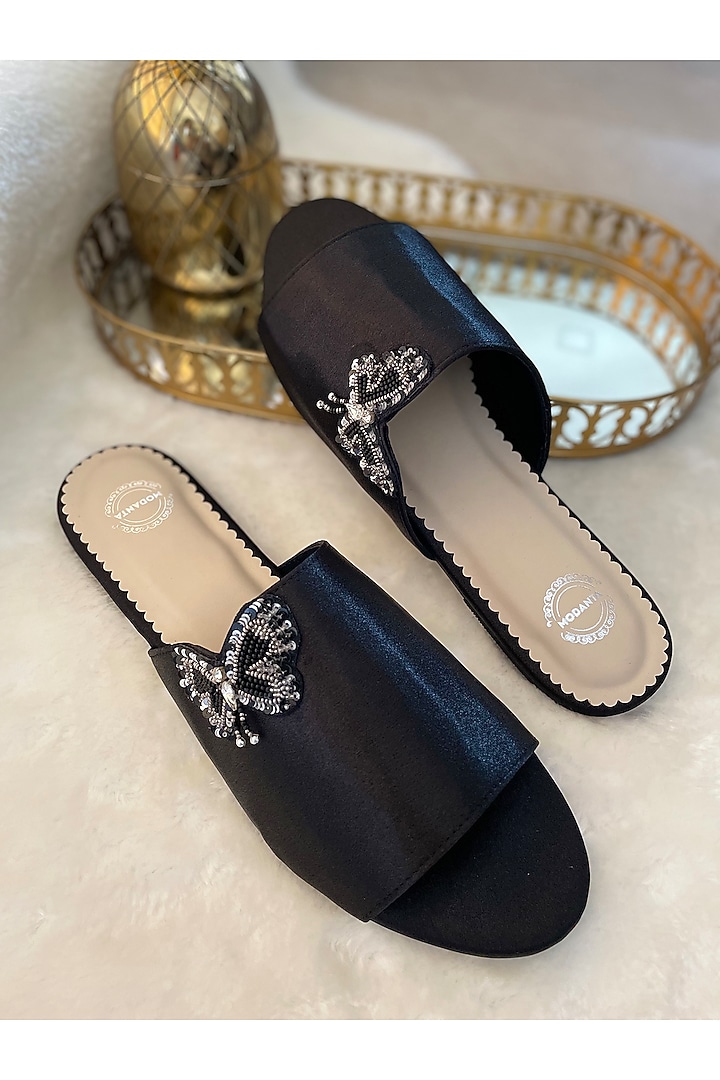 Black Satin Butterfly Patch Embroidered Handmade Flats by Modanta at Pernia's Pop Up Shop