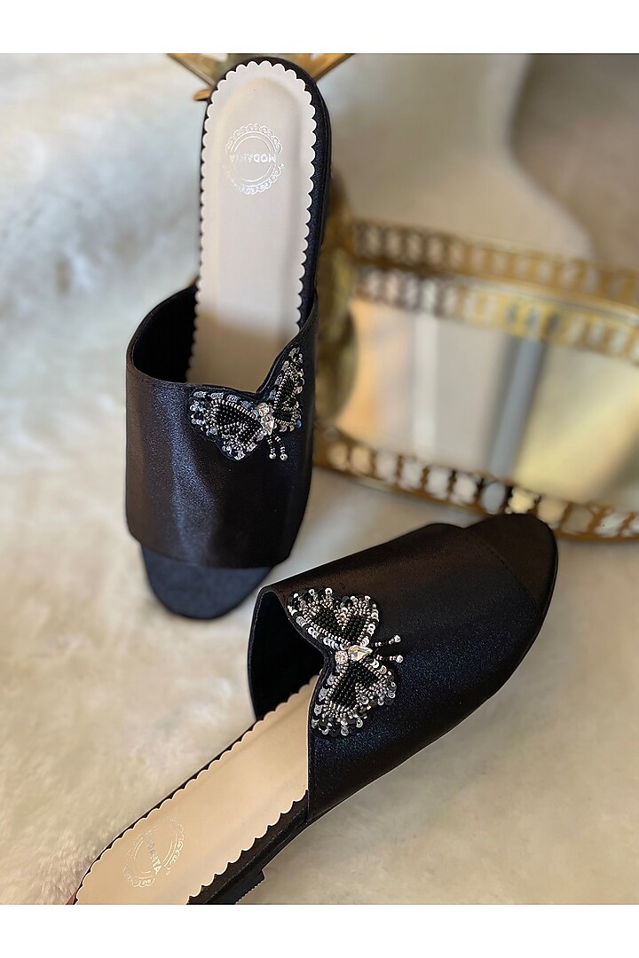 Black Satin Butterfly Patch Embroidered Handmade Flats by Modanta at Pernia's Pop Up Shop