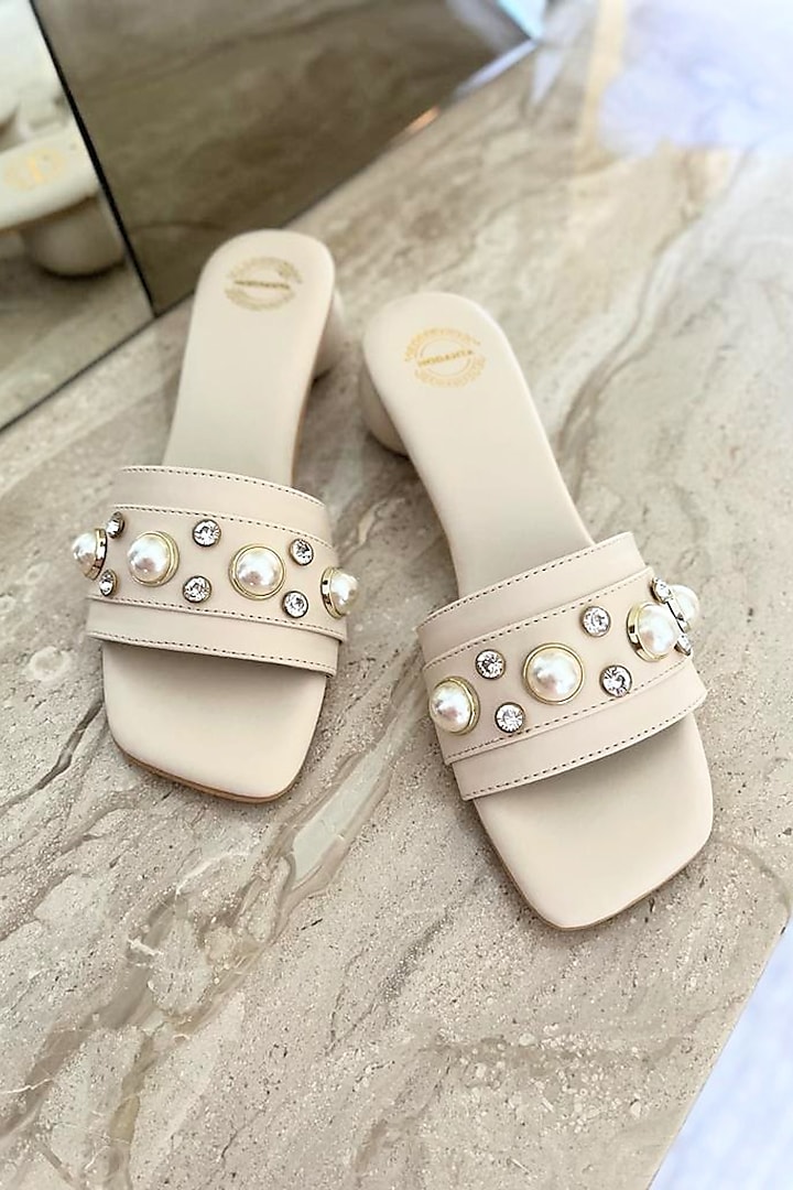Beige Artificial Leather Pearl Embellished Handmade Heels by Modanta