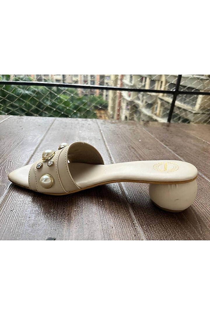 Beige Artificial Leather Pearl Embellished Handmade Heels by Modanta at Pernia's Pop Up Shop
