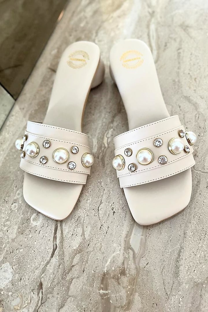 Beige Artificial Leather Pearl Embellished Handmade Heels by Modanta at Pernia's Pop Up Shop