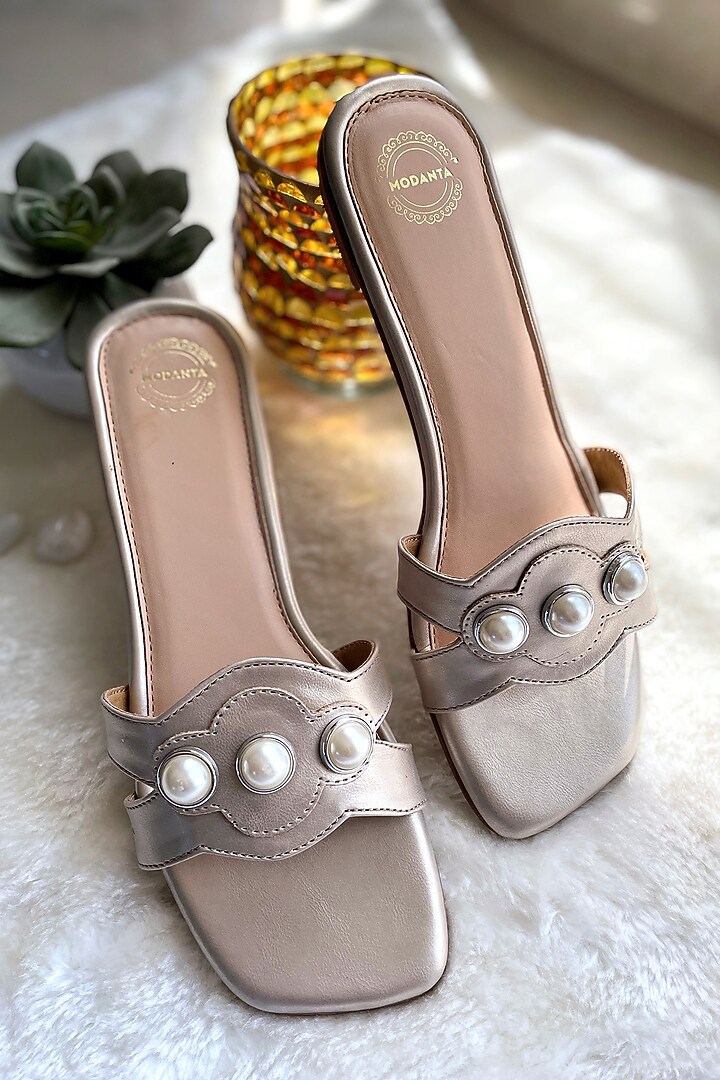 Gold Artificial Leather Pearl Embellished Handmade Flats by Modanta at Pernia's Pop Up Shop