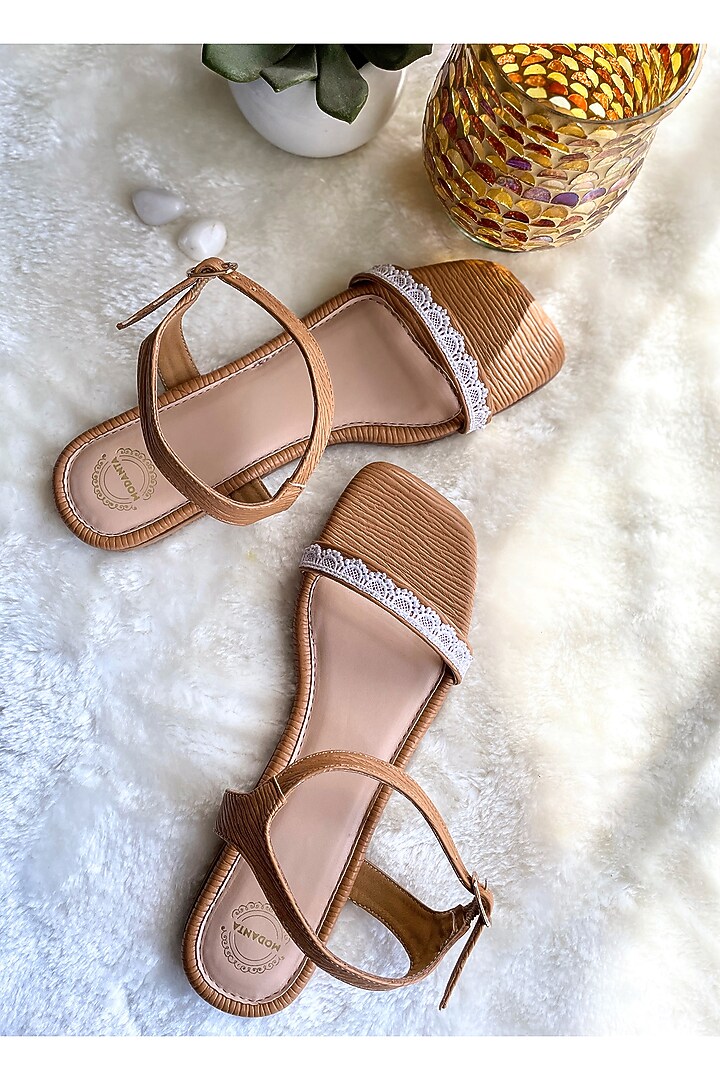 Brown Artificial Leather Handmade Flats by Modanta at Pernia's Pop Up Shop