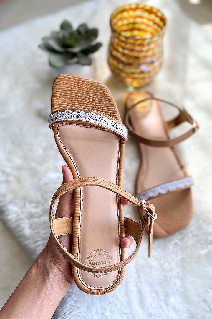 Brown Artificial Leather Handmade Flats by Modanta at Pernia's Pop Up Shop