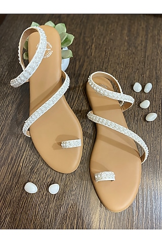 White Artificial Leather Pearl Embroidered Handmade Strappy Flats by Modanta