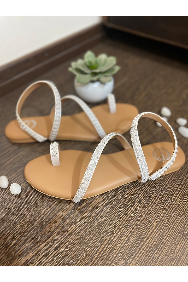 White Artificial Leather Pearl Embroidered Handmade Strappy Flats by Modanta at Pernia's Pop Up Shop