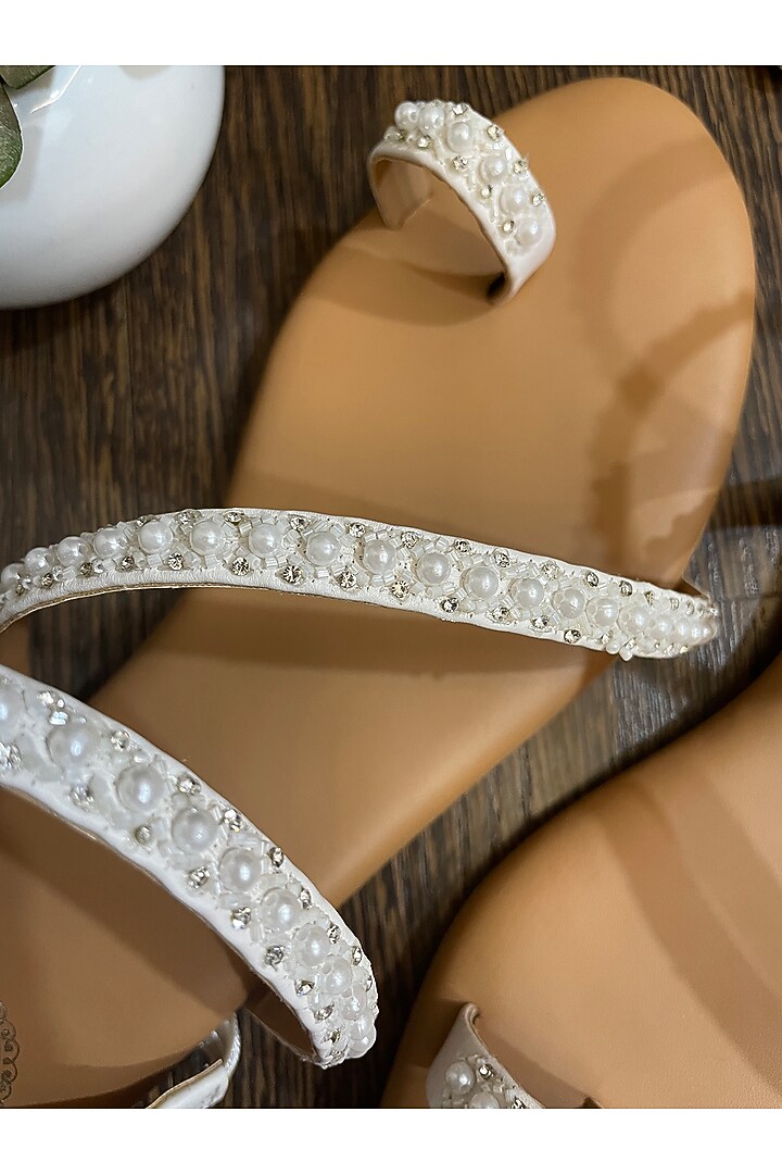 White Artificial Leather Pearl Embroidered Handmade Strappy Flats by Modanta at Pernia's Pop Up Shop