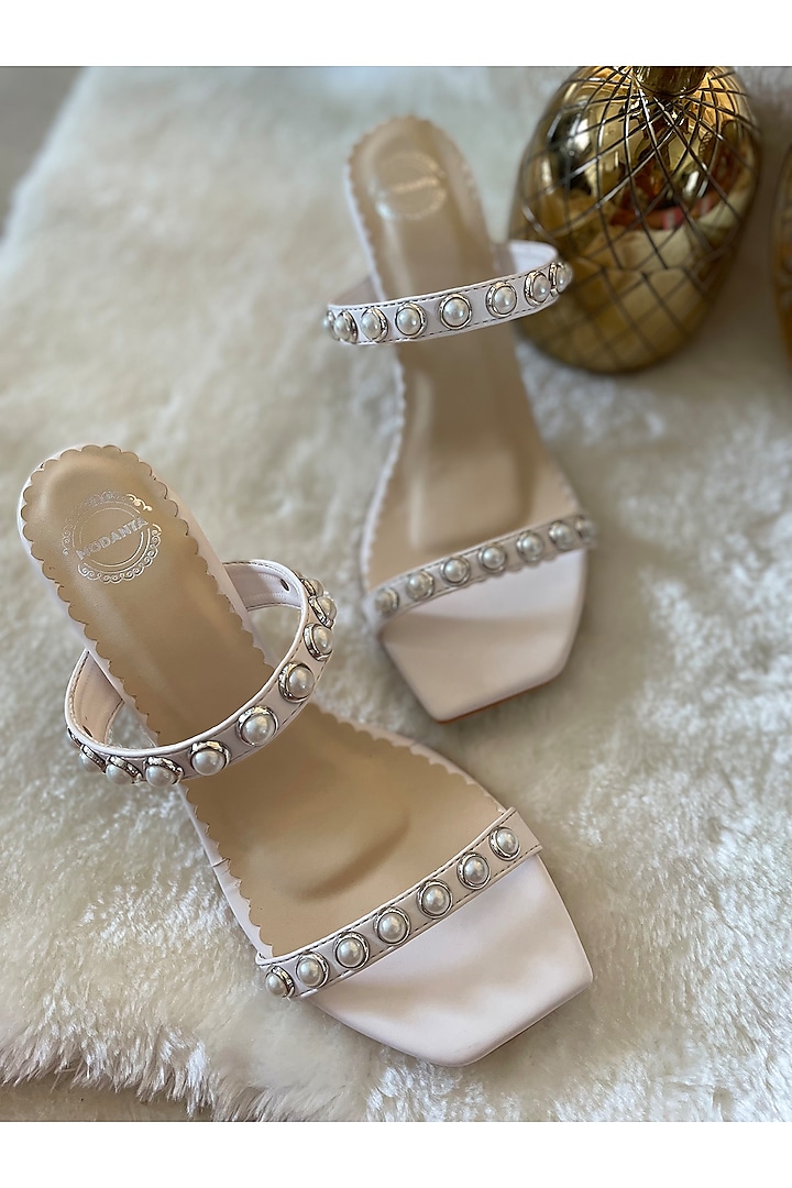 White Artificial Leather Pearl Embellished Handmade Stilettos by Modanta