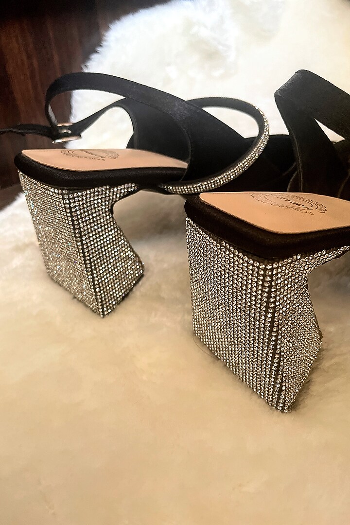 Black Satin Diamond Embellished Handmade Pumps by Modanta at Pernia's Pop Up Shop