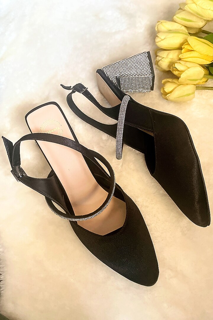Black Satin Diamond Embellished Handmade Pumps by Modanta at Pernia's Pop Up Shop