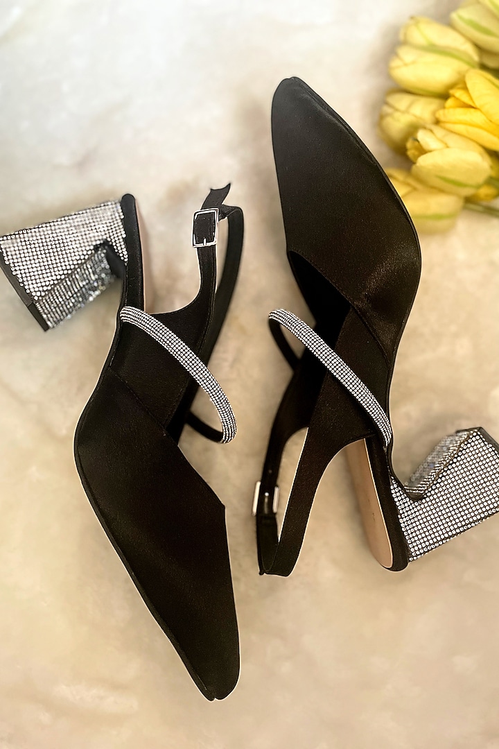 Black Satin Diamond Embellished Handmade Pumps by Modanta at Pernia's Pop Up Shop