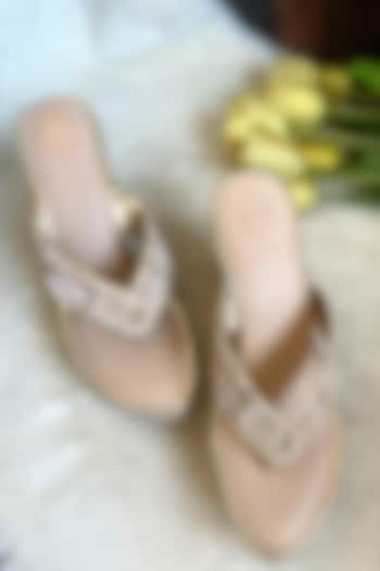 Gold Satin Floral Zardosi Embroidered Handmade Wedges by Modanta at Pernia's Pop Up Shop