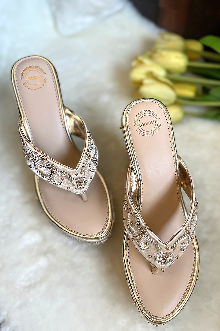 Gold Satin Floral Zardosi Embroidered Handmade Wedges by Modanta at Pernia's Pop Up Shop