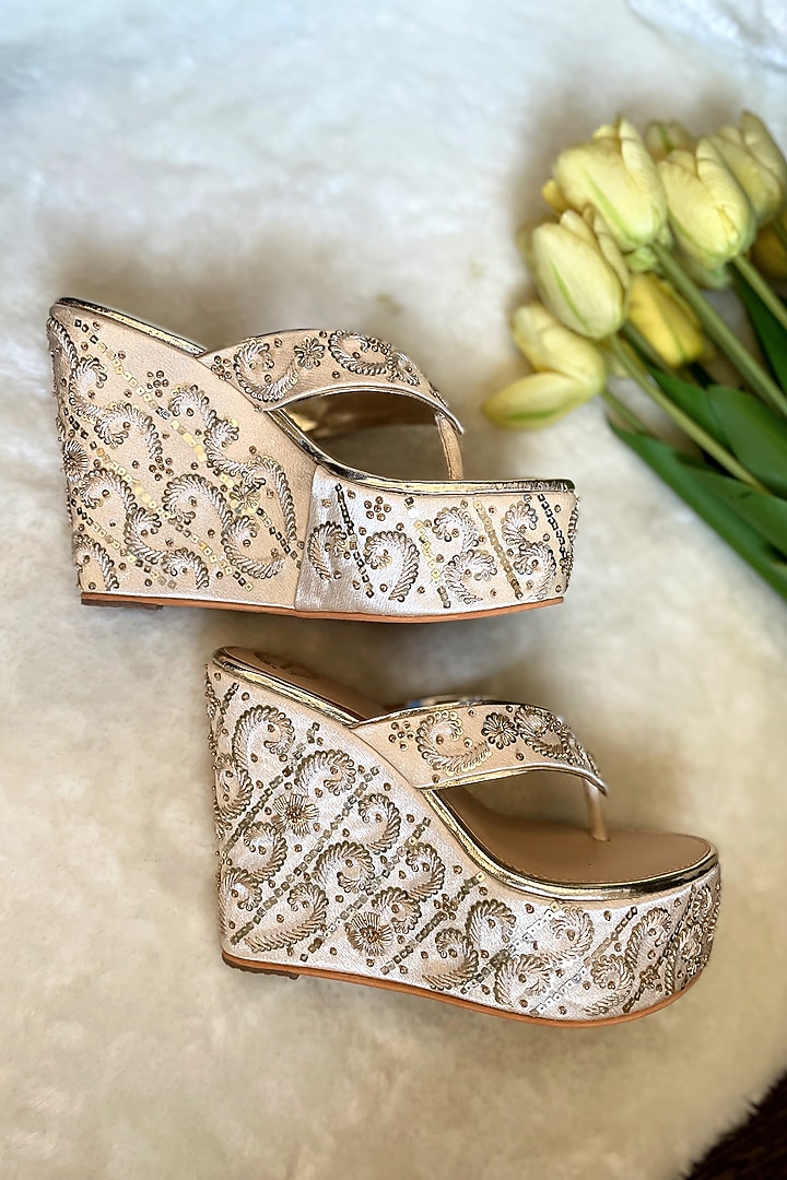 Gold Satin Floral Zardosi Embroidered Handmade Wedges by Modanta at Pernia's Pop Up Shop