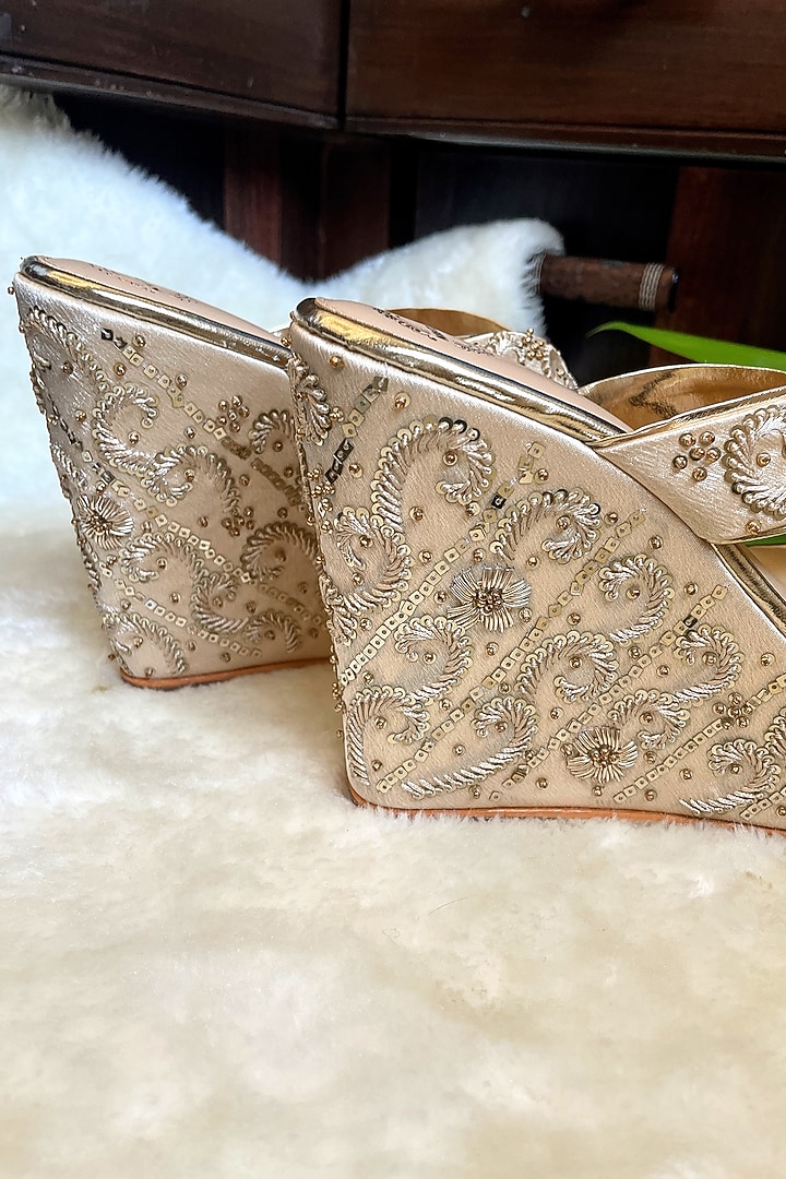 Gold Satin Floral Zardosi Embroidered Handmade Wedges by Modanta at Pernia's Pop Up Shop
