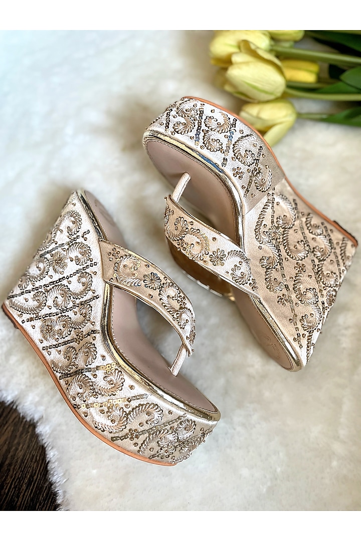 Gold Satin Floral Zardosi Embroidered Handmade Wedges by Modanta at Pernia's Pop Up Shop