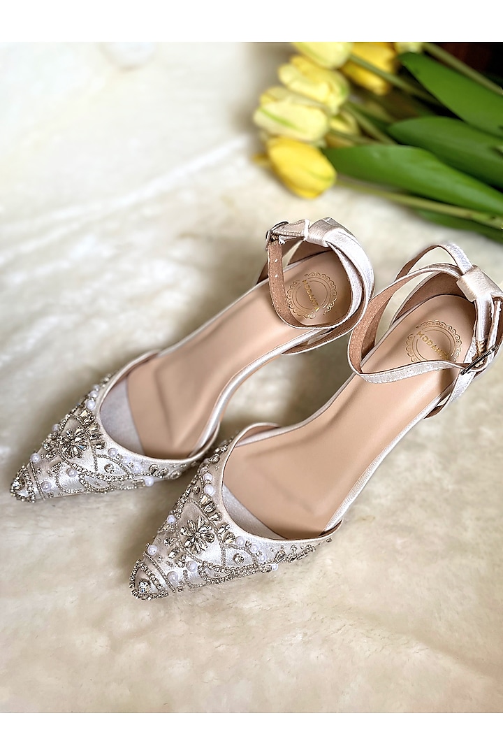 White Satin Diamond Embroidered Handmade Pumps by Modanta