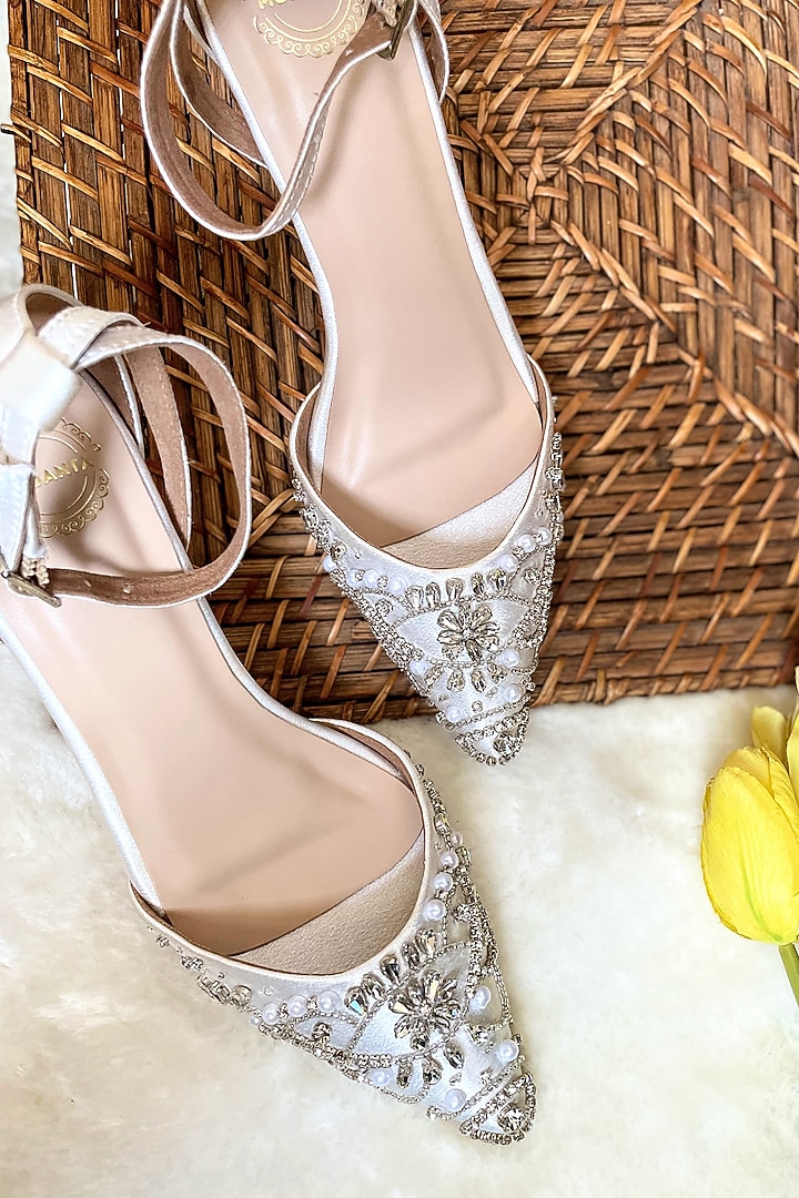 White Satin Diamond Embroidered Handmade Pumps by Modanta at Pernia's Pop Up Shop