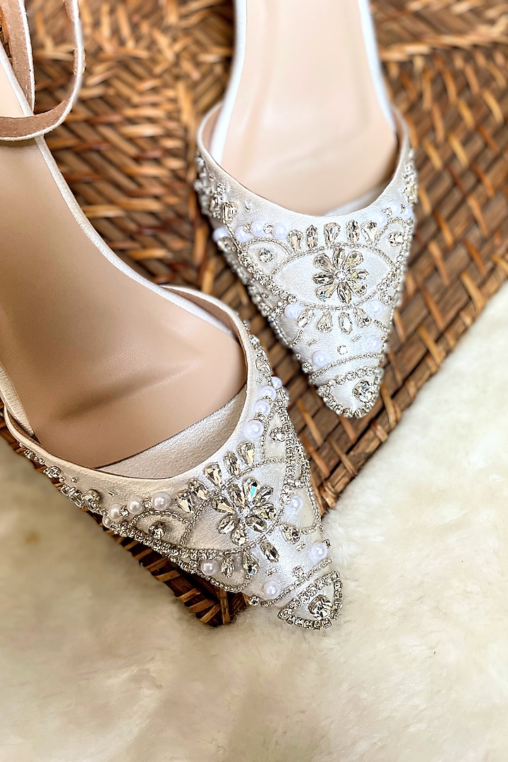 White Satin Diamond Embroidered Handmade Pumps by Modanta at Pernia's Pop Up Shop