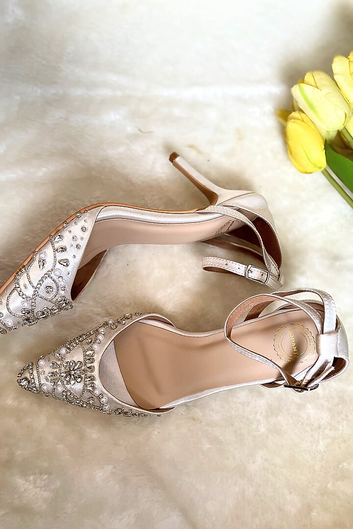 White Satin Diamond Embroidered Handmade Pumps by Modanta at Pernia's Pop Up Shop