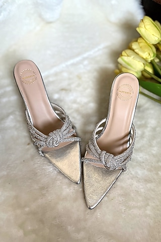 Silver Artificial Leather Diamond Embellished Handmade Heels by Modanta