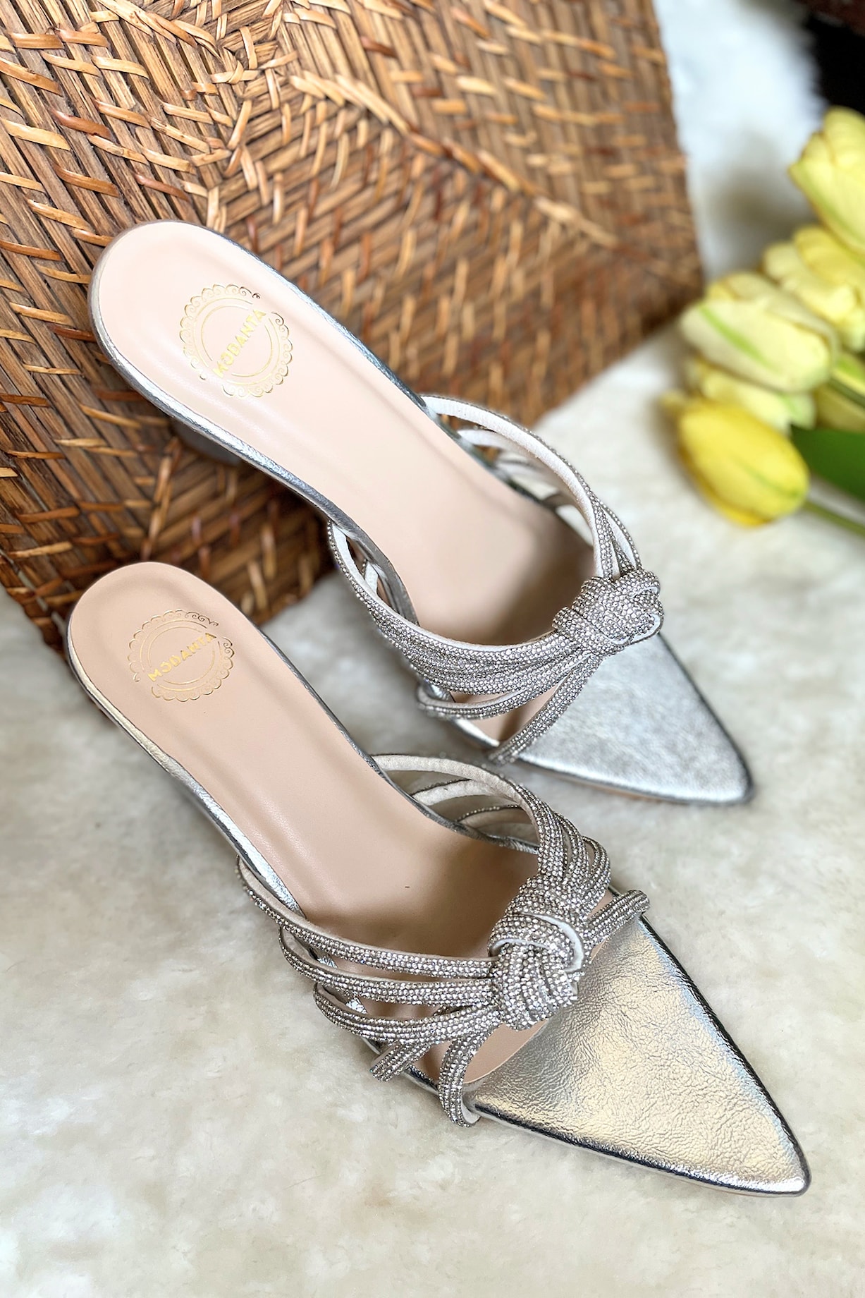 Silver Artificial Leather Diamond Embellished Handmade Heels by Modanta at  Pernia's Pop Up Shop