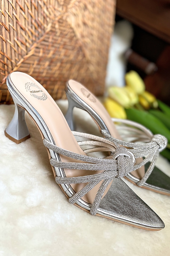 Silver Artificial Leather Diamond Embellished Handmade Heels by Modanta at Pernia's Pop Up Shop