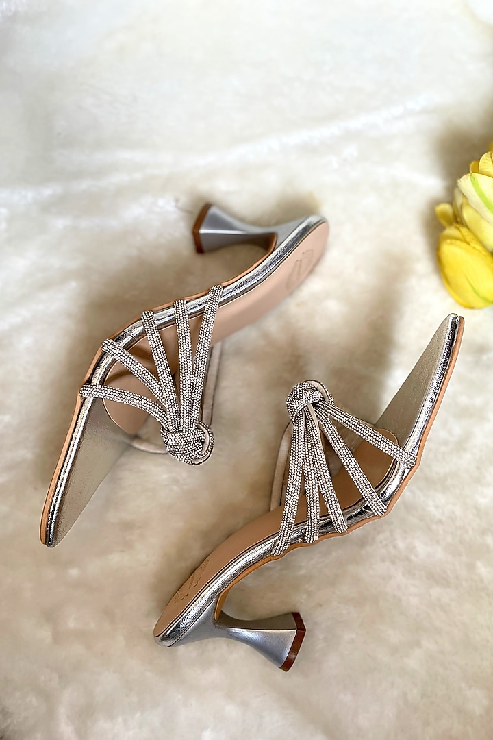 Silver Artificial Leather Diamond Embellished Handmade Heels by Modanta at Pernia's Pop Up Shop