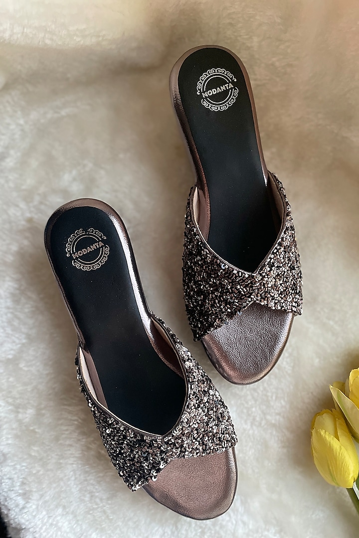 Grey Artificial Leather Cutdana & Sequins Embroidered Handmade Wedges by Modanta at Pernia's Pop Up Shop