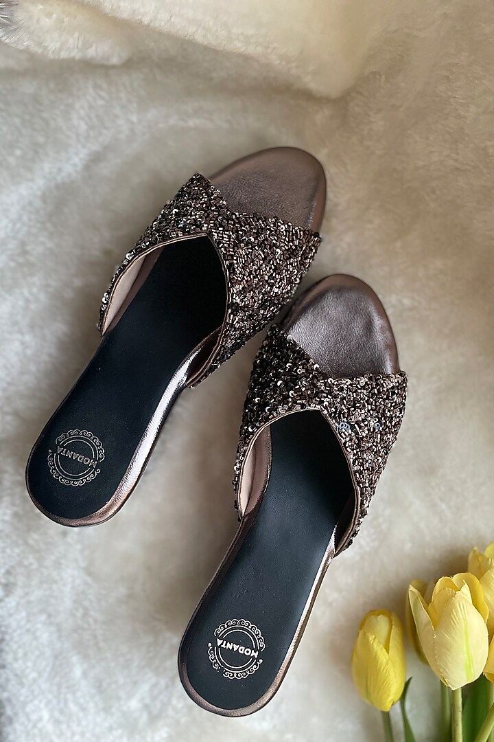 Grey Artificial Leather Cutdana & Sequins Embroidered Handmade Wedges by Modanta at Pernia's Pop Up Shop