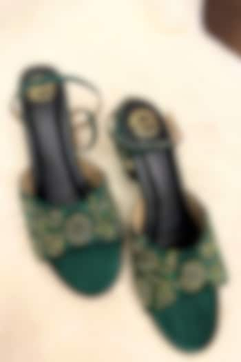 Bottle Green Satin Floral Embroidered Handmade Heels by Modanta at Pernia's Pop Up Shop