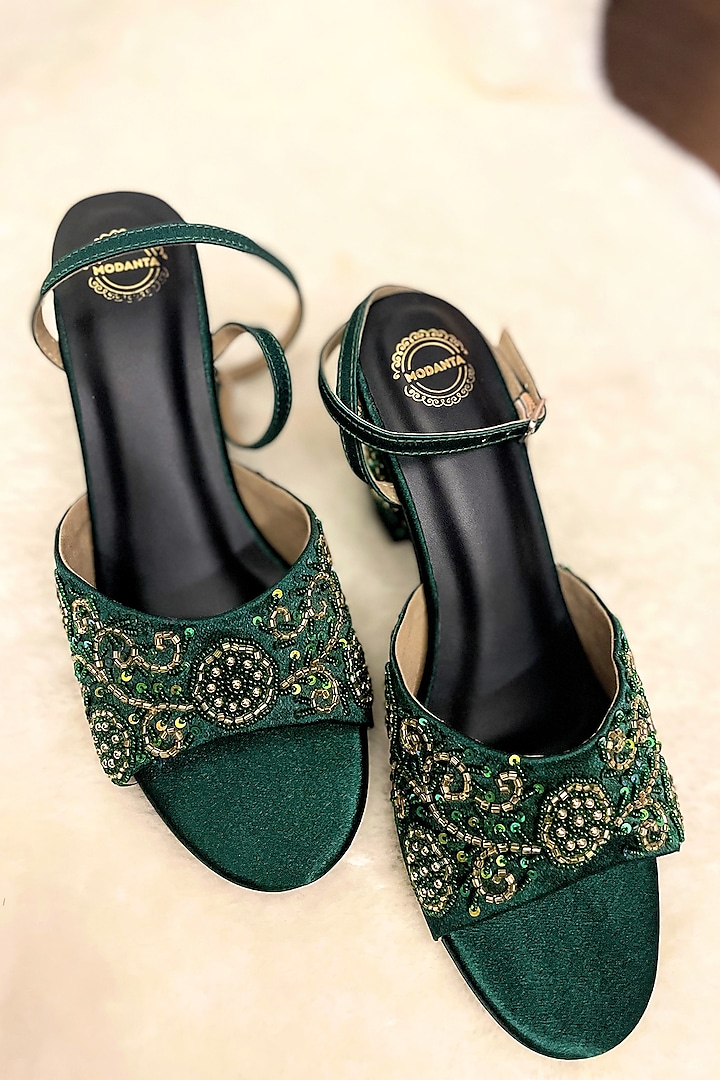 Bottle Green Satin Floral Embroidered Handmade Heels by Modanta at Pernia's Pop Up Shop