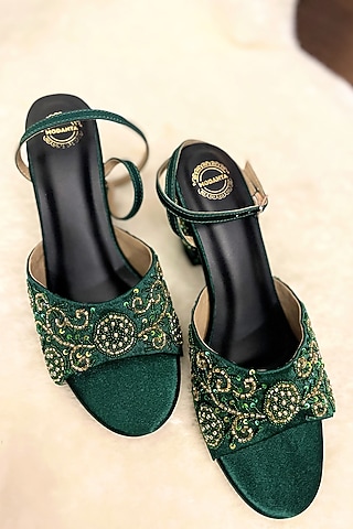 Bottle Green Satin Floral Embroidered Handmade Heels by Modanta