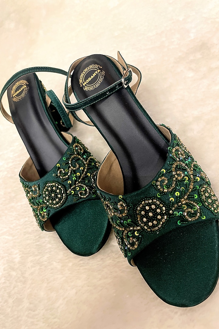 Bottle Green Satin Floral Embroidered Handmade Heels by Modanta at Pernia's Pop Up Shop