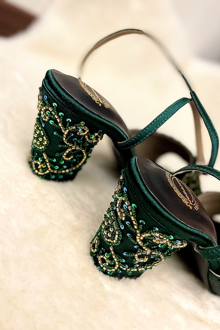 Bottle Green Satin Floral Embroidered Handmade Heels by Modanta at Pernia's Pop Up Shop