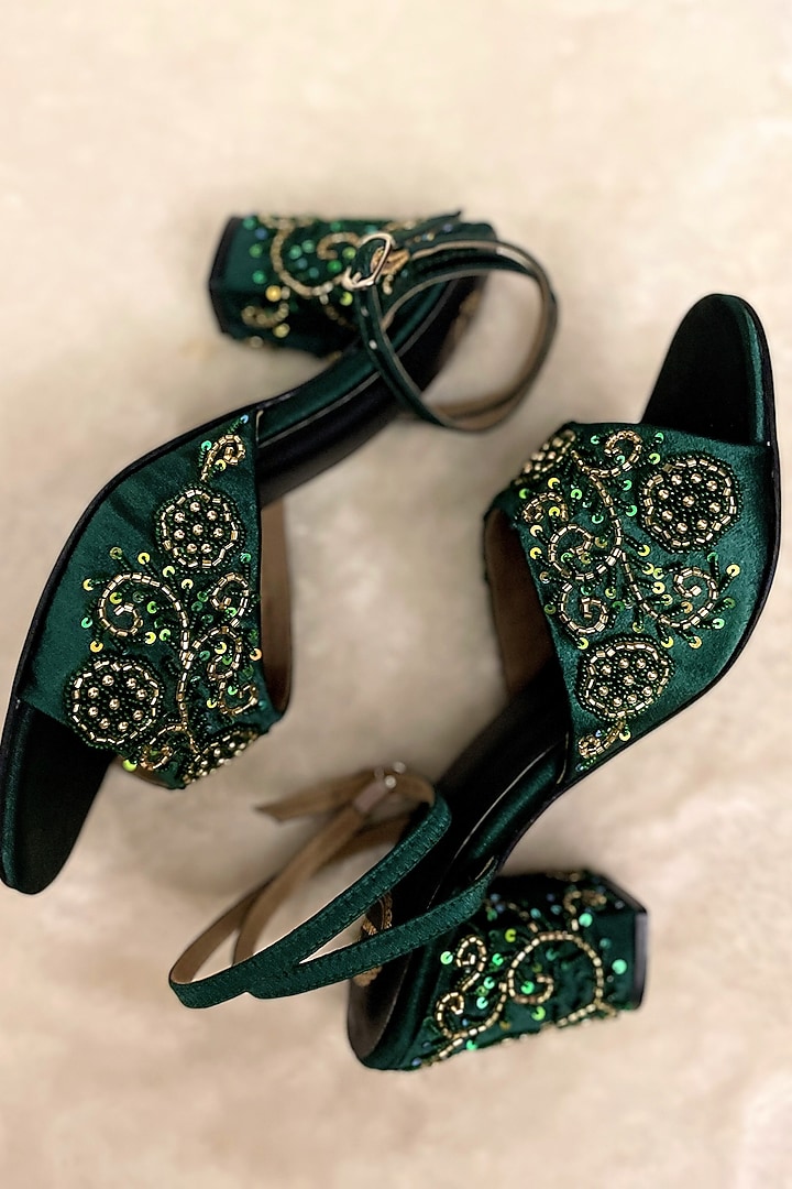 Bottle Green Satin Floral Embroidered Handmade Heels by Modanta at Pernia's Pop Up Shop