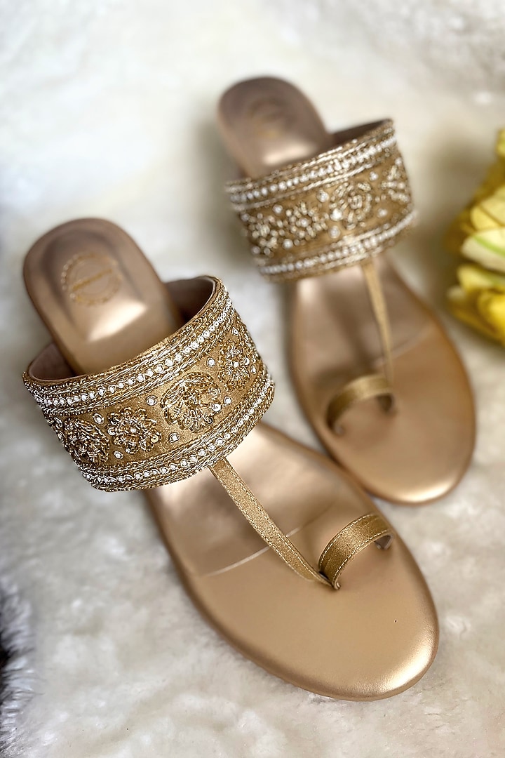 Gold Artificial Silk Floral Zardosi Embroidered Kolhapuri Heels by Modanta at Pernia's Pop Up Shop
