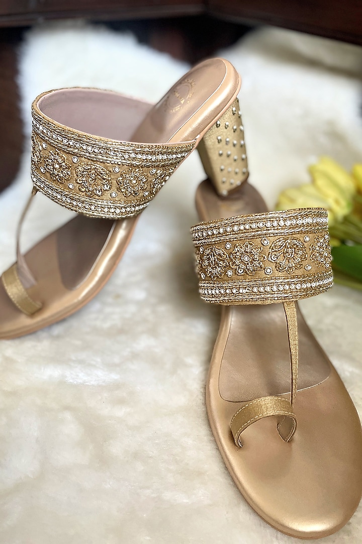 Gold Artificial Silk Floral Zardosi Embroidered Kolhapuri Heels by Modanta at Pernia's Pop Up Shop