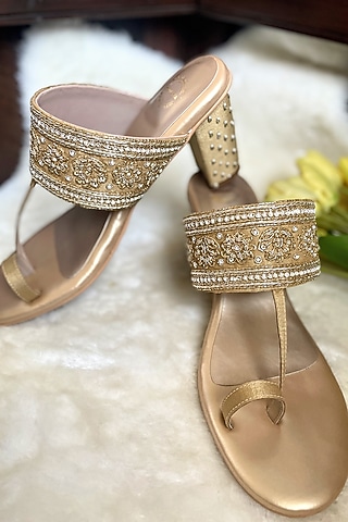 Gold Artificial Silk Floral Zardosi Embroidered Kolhapuri Heels by Modanta