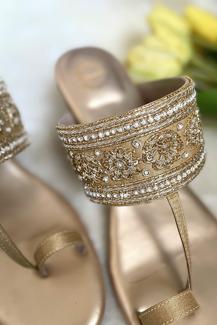Gold Artificial Silk Floral Zardosi Embroidered Kolhapuri Heels by Modanta at Pernia's Pop Up Shop