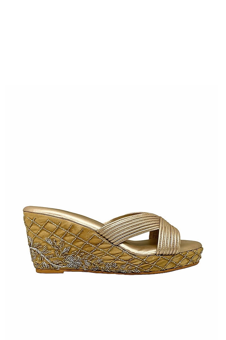 Gold Artificial Leather Zardosi Embellished Ribbed Wedges by Modanta